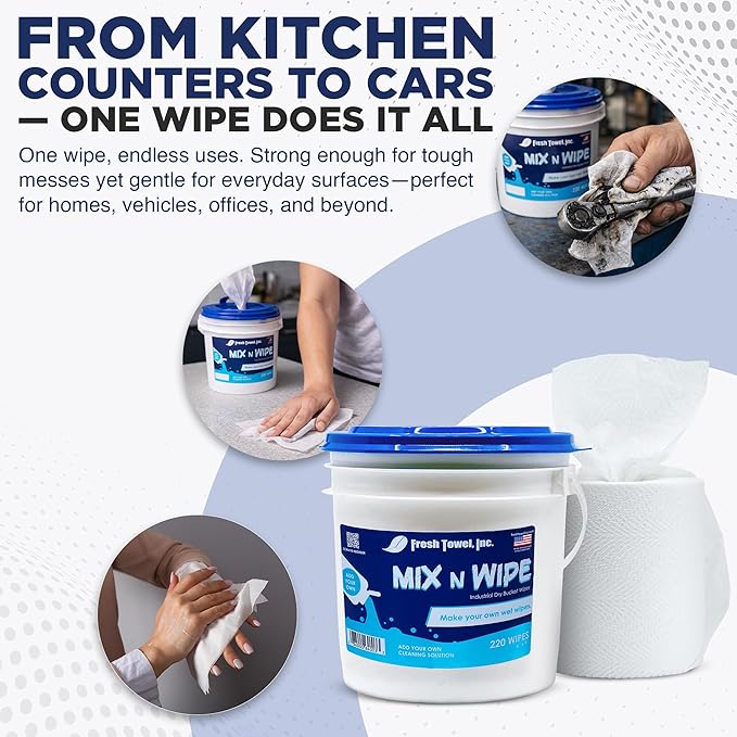 Dry Bucket Wipes - Make Your Own Wet Wipes with Dispenser Buckets for Cleaning - 220 Wipes - 6 inches by 9 inches