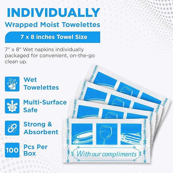 Individually Wrapped Moist Towelette - 100 pack - 7 x 8 inches