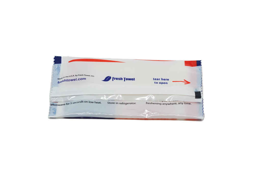 Fresh Towel Wet Wipes Individual back of package. Text reads: Made in the U.S.A. by Fresh Towel, Inc. URL: freshtowel.com Logo icon of a leaf with Fresh Towel company name. Text: Tear here to open.