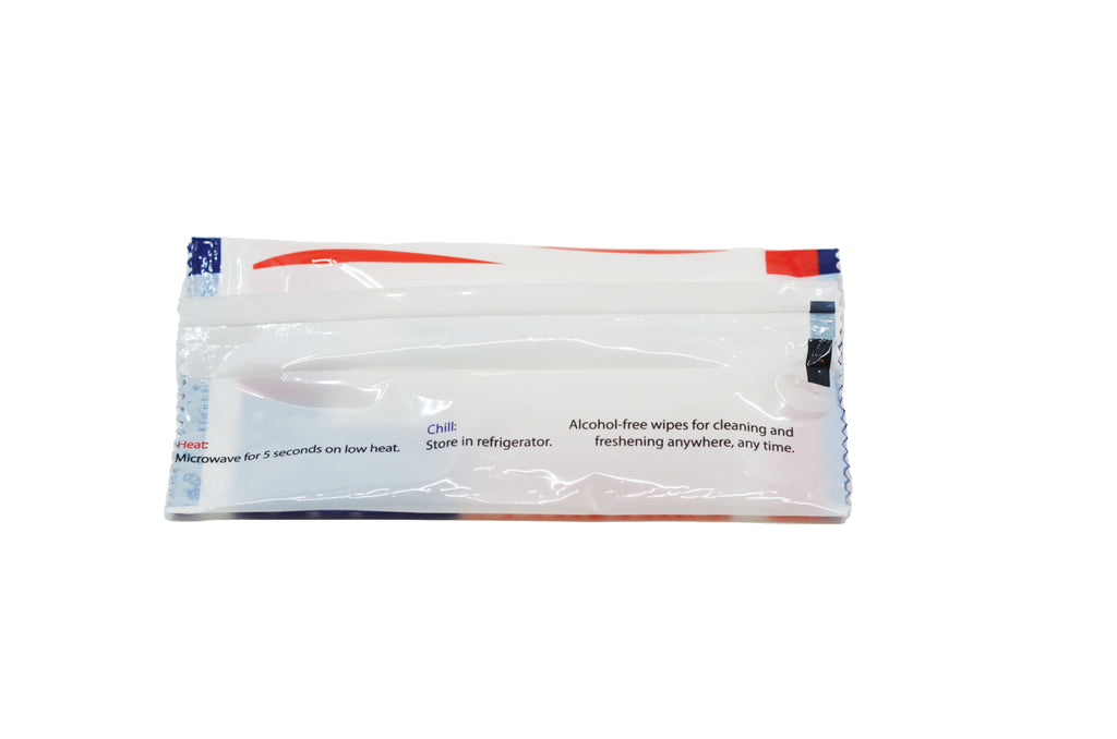Back of Fresh Towel individual wet wipe package. Mostly white, text reads: "Heat: microwave for 5 seconds on low heat. Chill: store in refrigerator. Alcohol-free wipes for cleaning and freshening anywhere, any time."