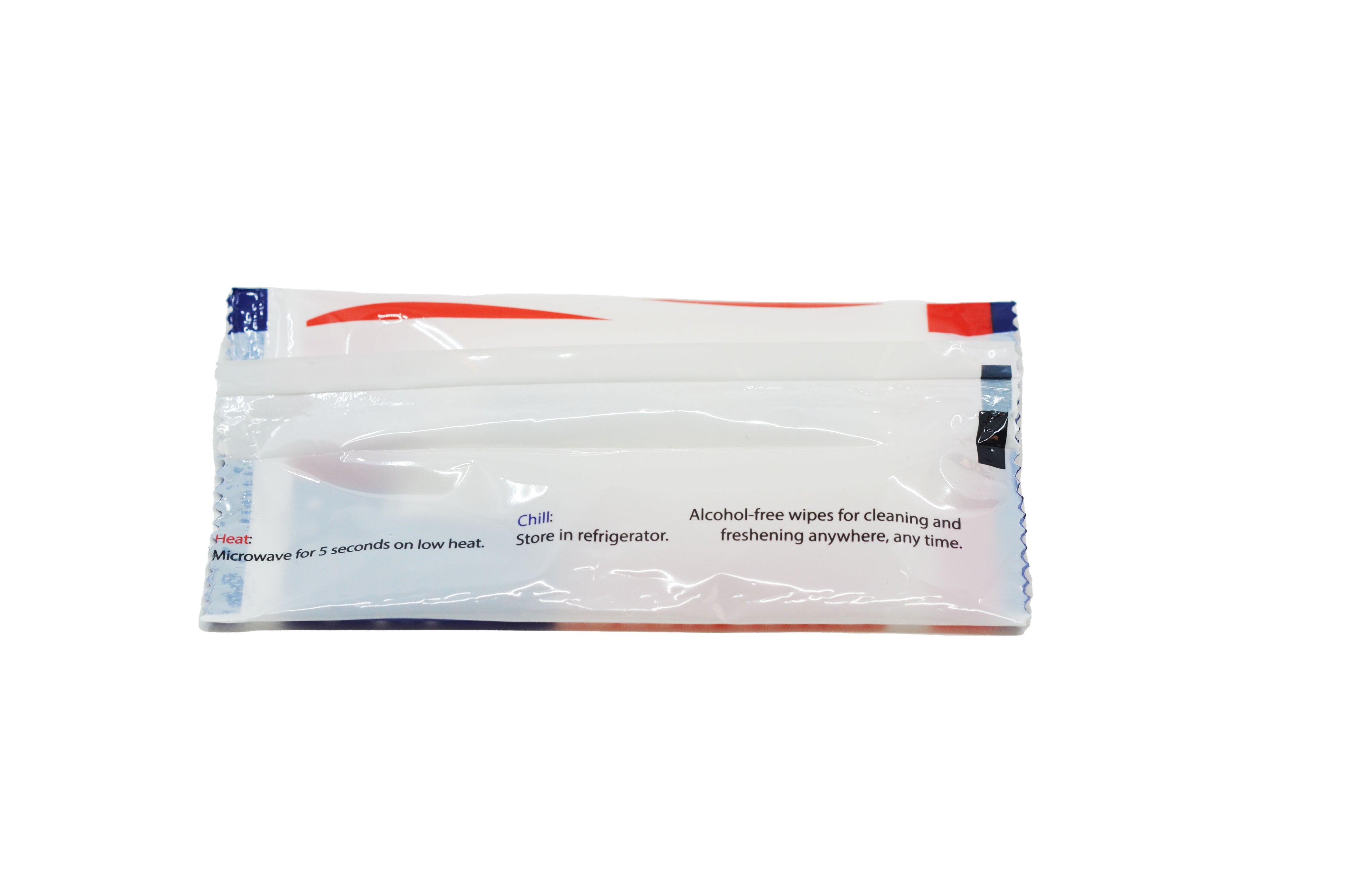 Back of Fresh Towel individual wet wipe package. Mostly white, text reads: "Heat: microwave for 5 seconds on low heat. Chill: store in refrigerator. Alcohol-free wipes for cleaning and freshening anywhere, any time."